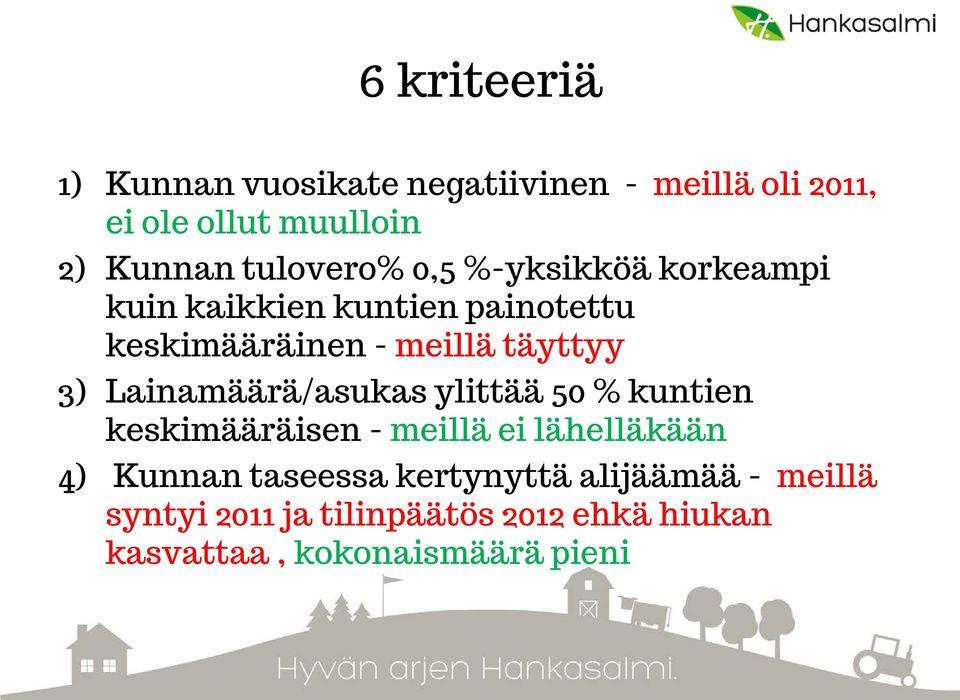 3) Lainamäärä/asukas ylittää 50 % kuntien keskimääräisen - meillä ei lähelläkään 4) Kunnan taseessa