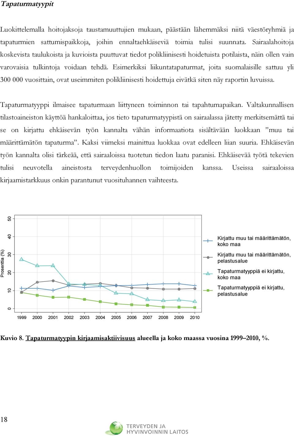 Esimerkiksi liikuntatapaturmat, joita suomalaisille sattuu yli 300 000 vuosittain, ovat useimmiten polikliinisesti hoidettuja eivätkä siten näy raportin luvuissa.