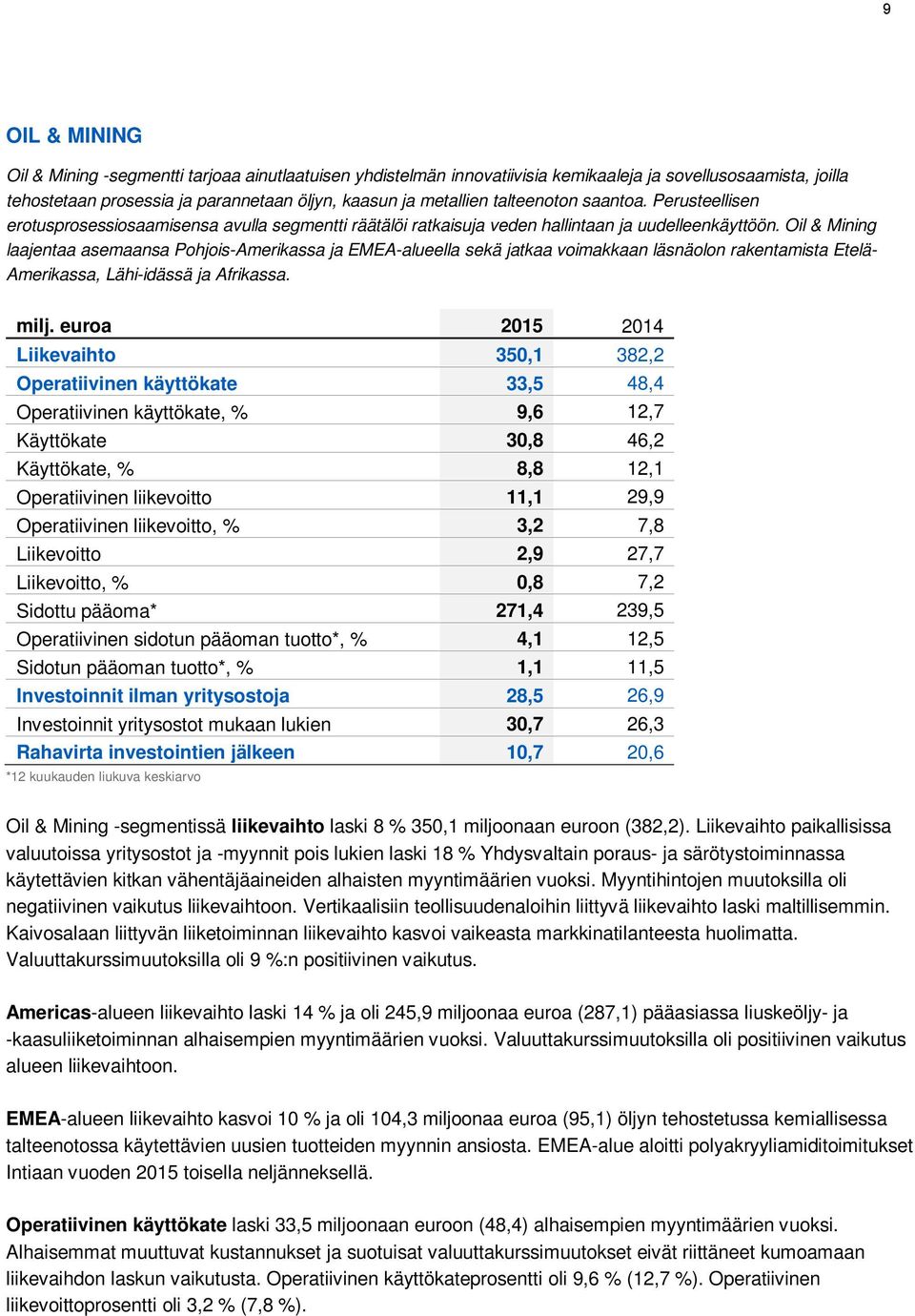 Oil & Mining laajentaa asemaansa Pohjois-Amerikassa ja EMEA-alueella sekä jatkaa voimakkaan läsnäolon rakentamista Etelä- Amerikassa, Lähi-idässä ja Afrikassa. milj.