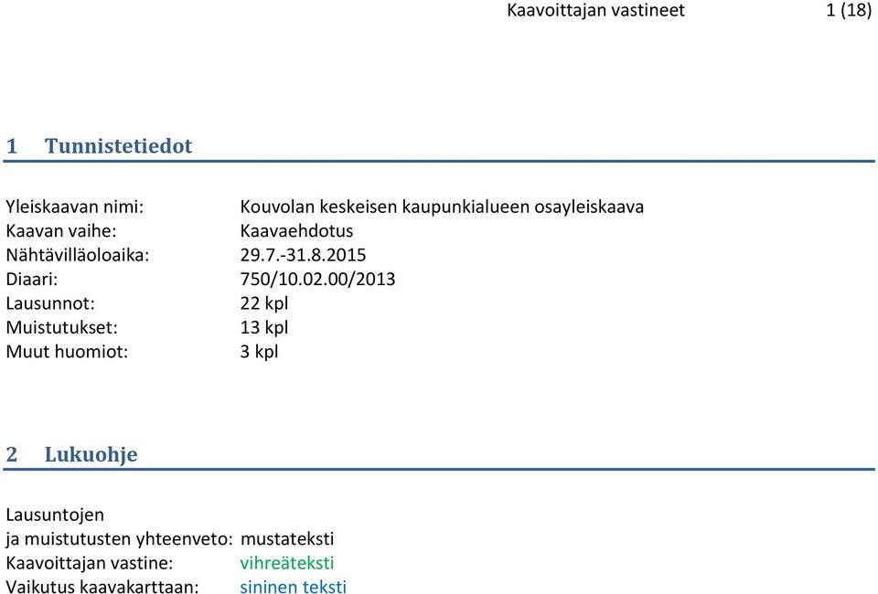 00/2013 Lausunnot: 22 kpl Muistutukset: 13 kpl Muut huomiot: 3 kpl 2 Lukuohje Lausuntojen ja