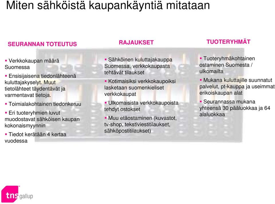 tehtävät tilaukset Kotimaisiksi verkkokaupoiksi lasketaan suomenkieliset verkkokaupat Ulkomaisista verkkokaupoista tehdyt ostokset Muu etäostaminen (kuvastot, tv-shop, tekstiviestitilaukset,