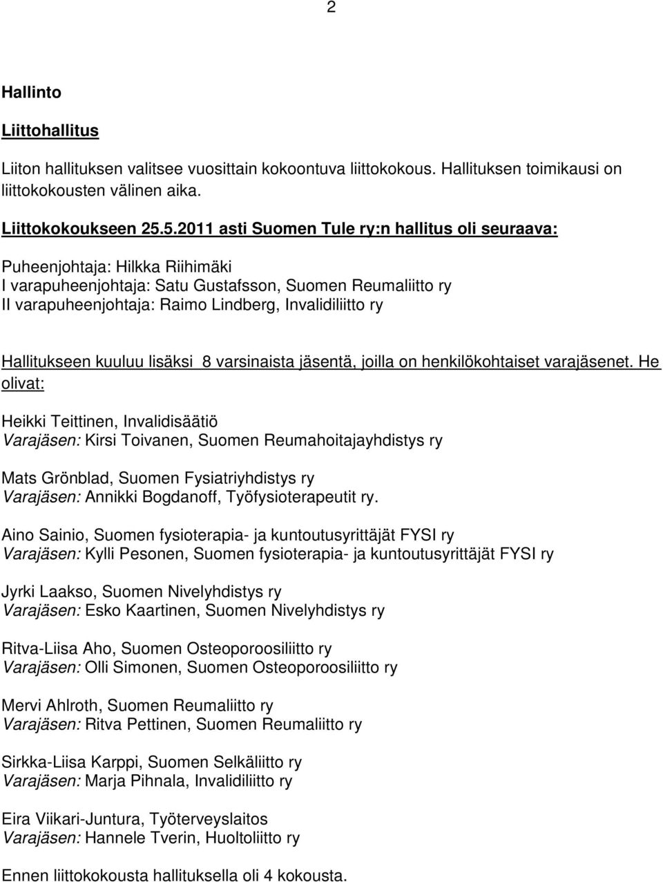 Hallitukseen kuuluu lisäksi 8 varsinaista jäsentä, joilla on henkilökohtaiset varajäsenet.