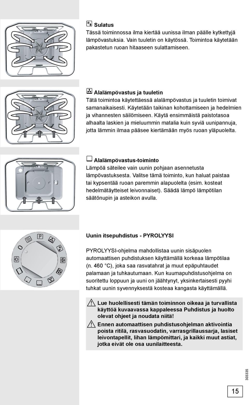 Käytä ensimmäistä paistotasoa alhaalta laskien ja mieluummin matalia kuin syviä uunipannuja, jotta lämmin ilmaa pääsee kiertämään myös ruoan yläpuolelta.