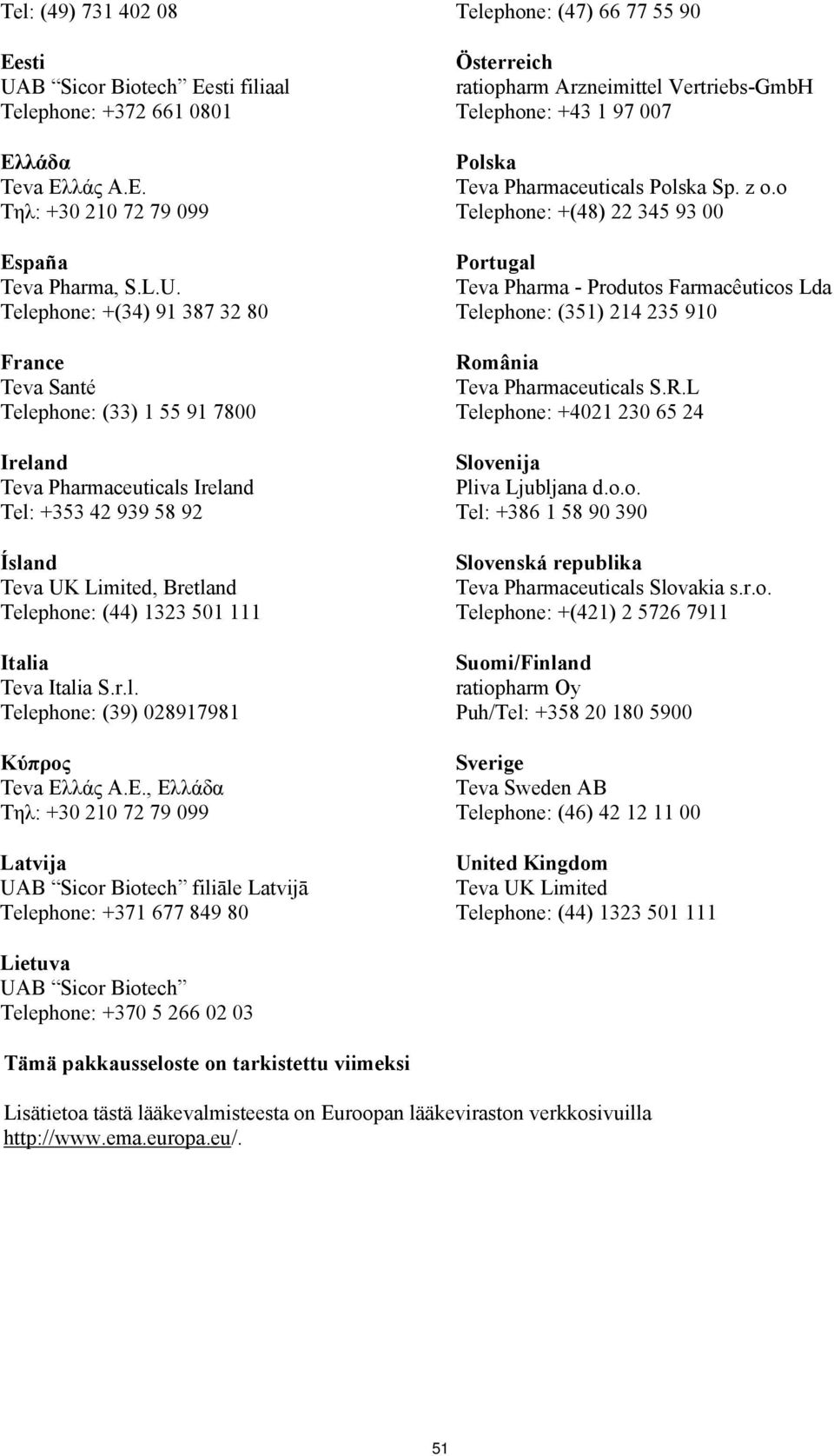 Telephone: +(34) 91 387 32 80 France Teva Santé Telephone: (33) 1 55 91 7800 Ireland Teva Pharmaceuticals Ireland Tel: +353 42 939 58 92 Ísland Teva UK Limited, Bretland Telephone: (44) 1323 501 111