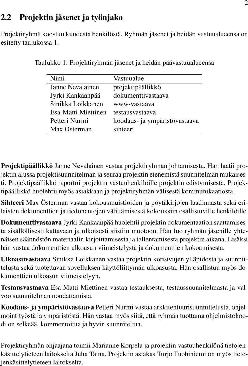 dokumenttivastaava www-vastaava testausvastaava koodaus- ja ympäristövastaava sihteeri Projektipäällikkö Janne Nevalainen vastaa projektiryhmän johtamisesta.