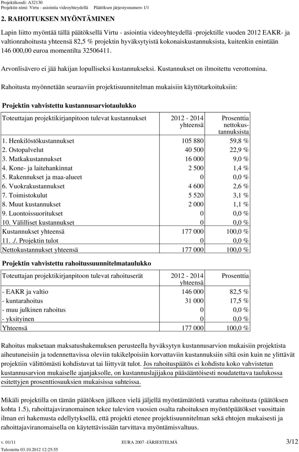 Rahoitusta myönnetään seuraaviin projektisuunnitelman mukaisiin käyttötarkoituksiin: Projektin vahvistettu kustannusarviotaulukko Toteuttajan projektikirjanpitoon tulevat kustannukset 2012-2014