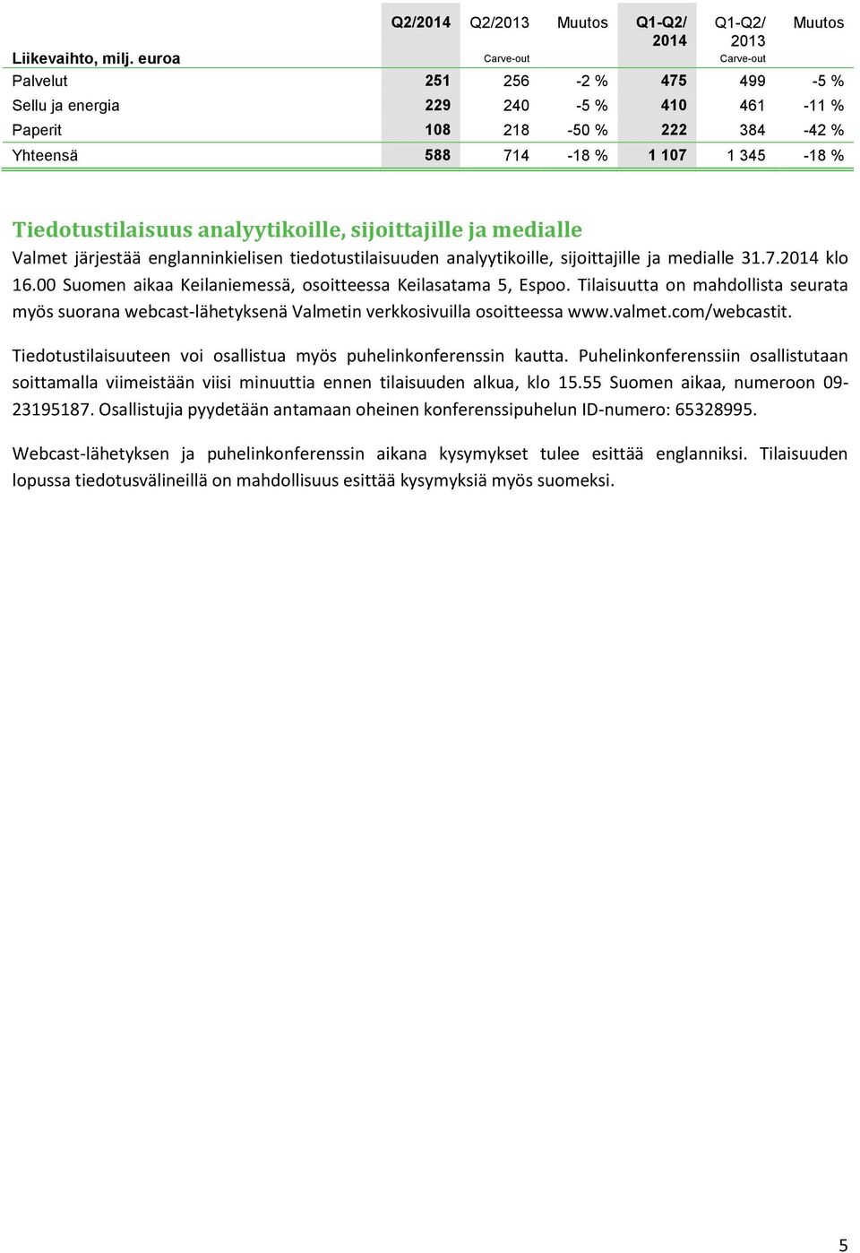 analyytikoille, sijoittajille ja medialle Valmet järjestää englanninkielisen tiedotustilaisuuden analyytikoille, sijoittajille ja medialle 31.7.2014 klo 16.