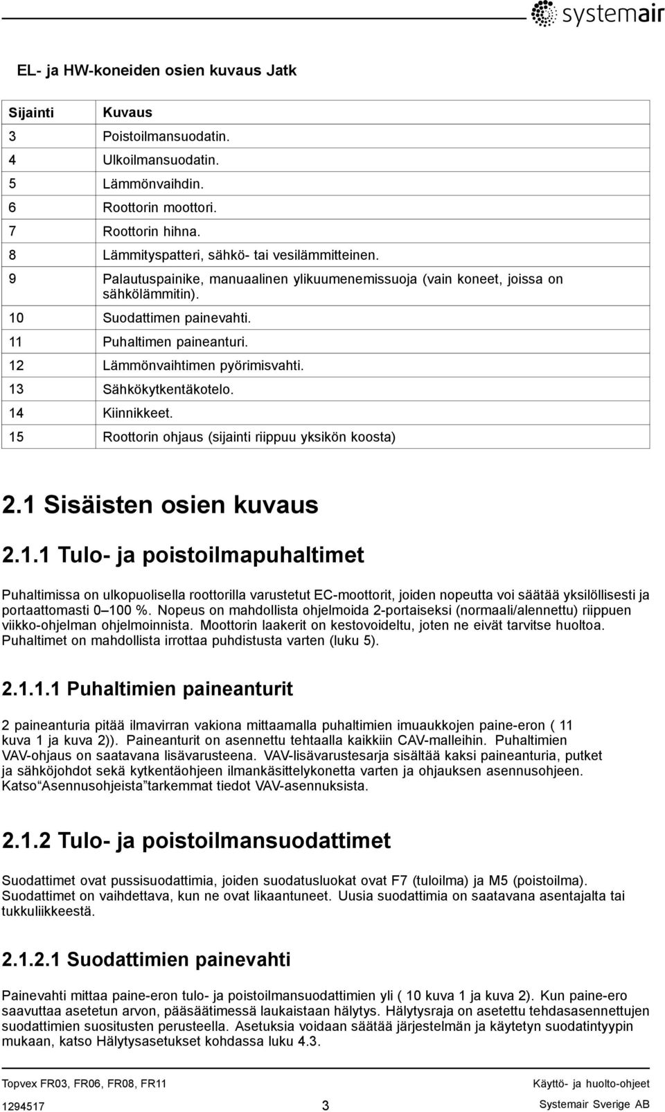 12 Lämmönvaihtimen pyörimisvahti. 13 Sähkökytkentäkotelo. 14 Kiinnikkeet. 15 Roottorin ohjaus (sijainti riippuu yksikön koosta) 2.1 Sisäisten osien kuvaus 2.1.1 Tulo- ja poistoilmapuhaltimet Puhaltimissa on ulkopuolisella roottorilla varustetut EC-moottorit, joiden nopeutta voi säätää yksilöllisesti ja portaattomasti 0 100 %.