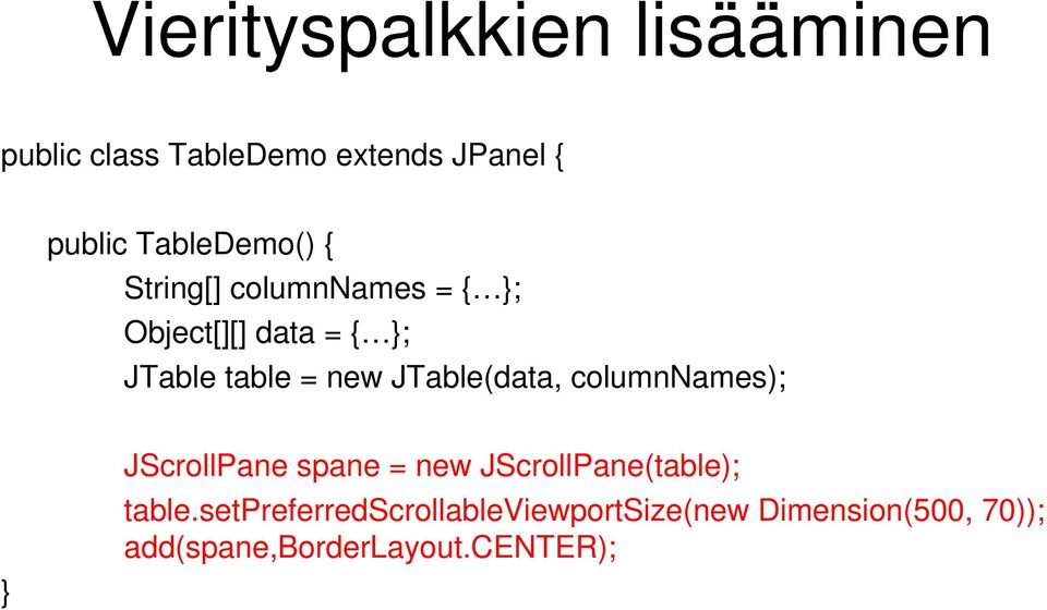 new JTable(data, columnnames); } JScrollPane spane = new JScrollPane(table); table.