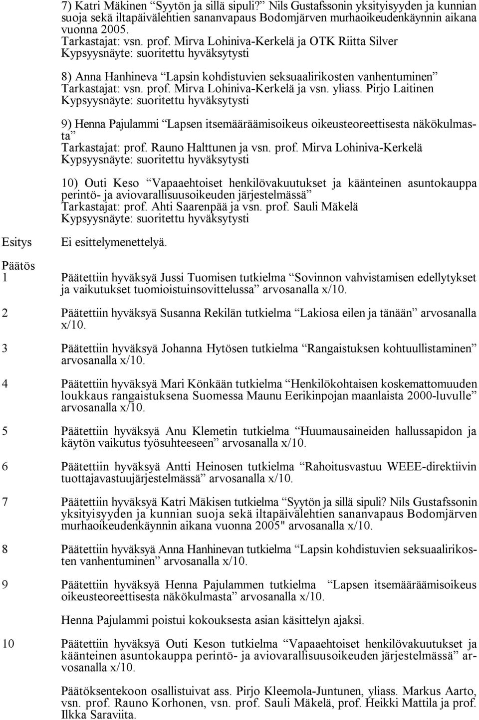Mirva Lohiniva Kerkelä ja vsn. yliass. Pirjo Laitinen Kypsyysnäyte: suoritettu hyväksytysti 9) Henna Pajulammi Lapsen itsemääräämisoikeus oikeusteoreettisesta näkökulmasta Tarkastajat: prof.