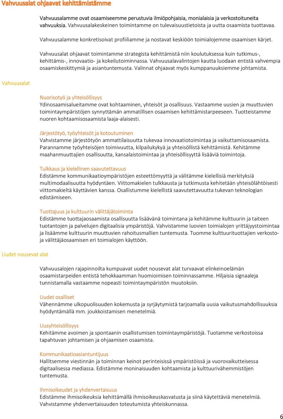 Vahvuusalat ohjaavat toimintamme strategista kehittämistä niin koulutuksessa kuin tutkimus-, kehittämis-, innovaatio- ja kokeilutoiminnassa.