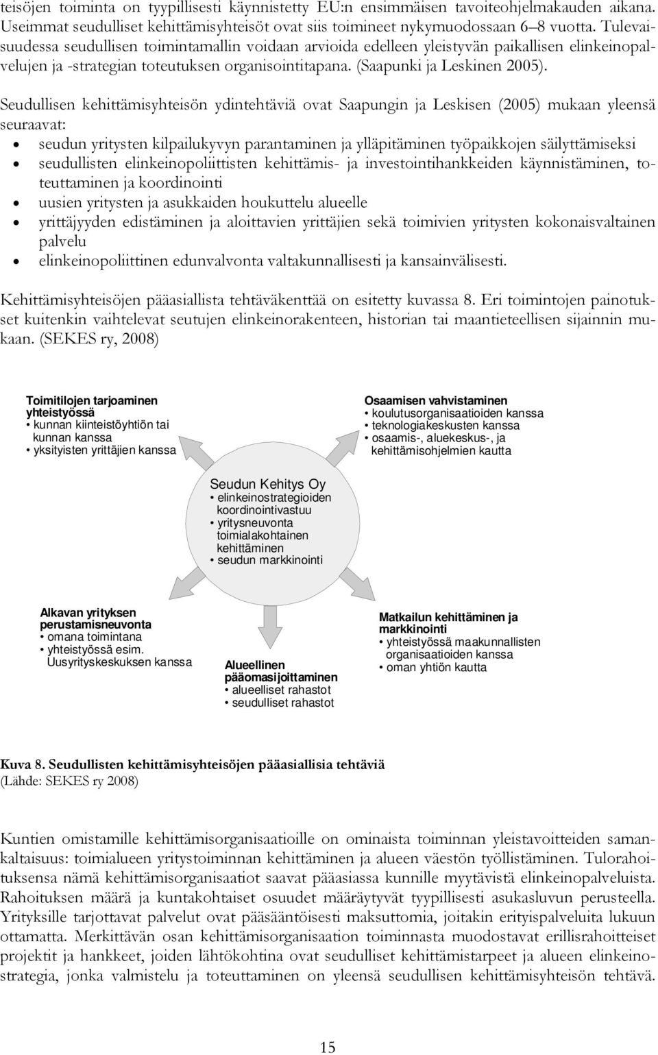 Seudullisen kehittämisyhteisön ydintehtäviä ovat Saapungin ja Leskisen (2005) mukaan yleensä seuraavat: seudun yritysten kilpailukyvyn parantaminen ja ylläpitäminen työpaikkojen säilyttämiseksi