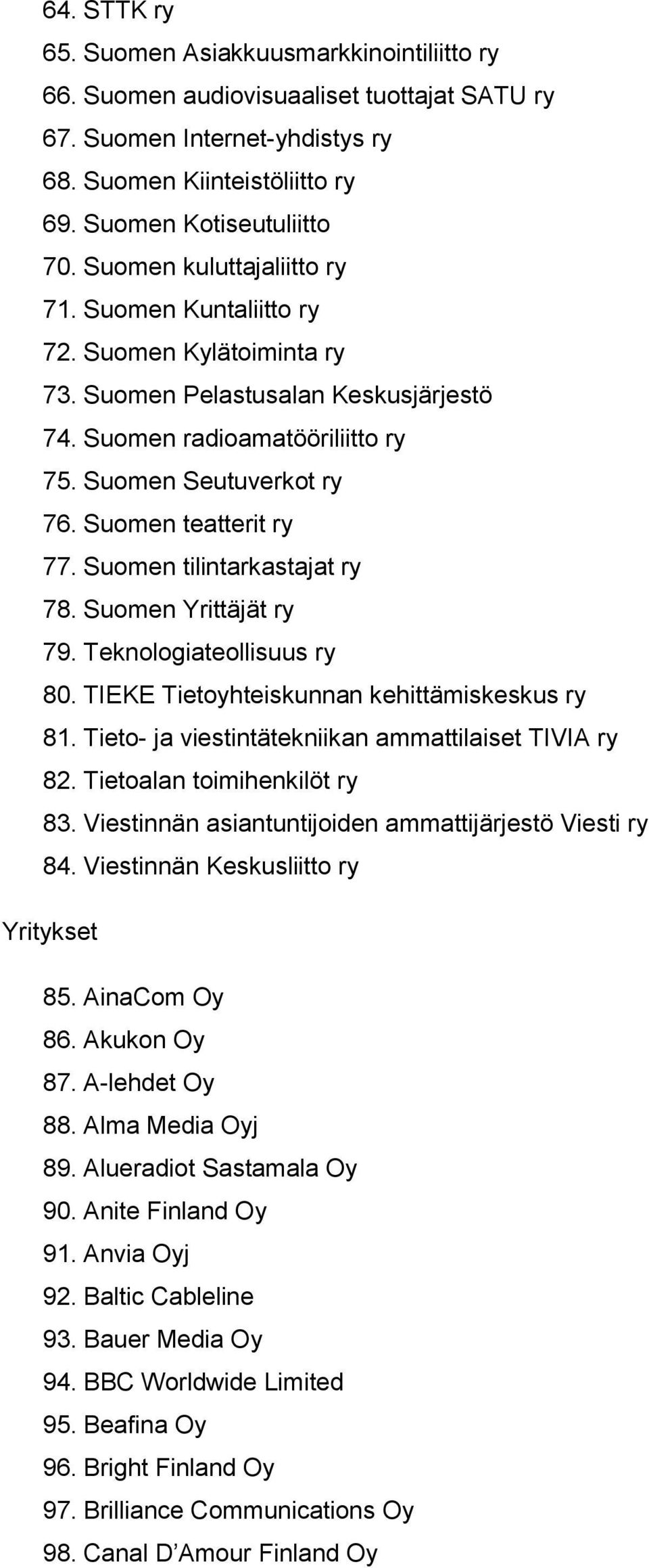 Suomen teatterit ry 77. Suomen tilintarkastajat ry 78. Suomen Yrittäjät ry 79. Teknologiateollisuus ry 80. TIEKE Tietoyhteiskunnan kehittämiskeskus ry 81.