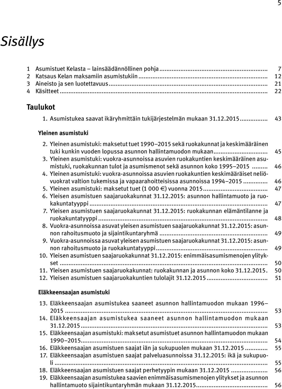 Yleinen asumistuki: maksetut tuet 1990 2015 sekä ruokakunnat ja keskimääräinen tuki kunkin vuoden lopussa asunnon hallintamuodon mukaan... 45 3.