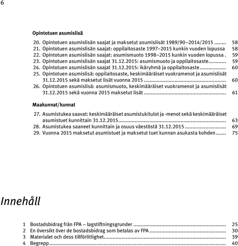 .. 60 25. Opintotuen asumislisä: oppilaitosaste, keskimääräiset vuokramenot ja asumislisät 31.12.2015 sekä maksetut lisät vuonna 2015... 60 26.