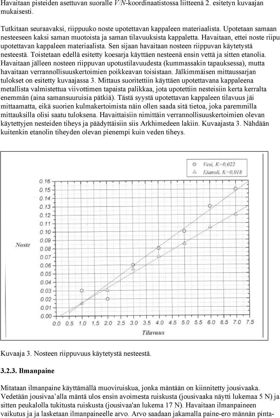 Sen sijaan havaitaan nosteen riippuvan käytetystä nesteestä. Toistetaan edellä esitetty koesarja käyttäen nesteenä ensin vettä ja sitten etanolia.