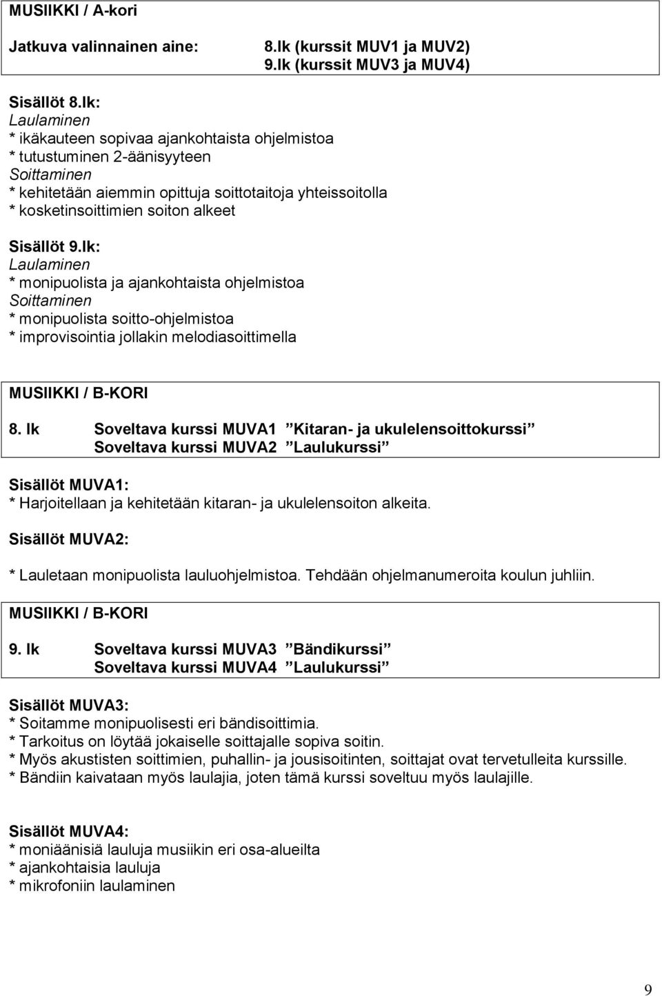 Sisällöt 9.lk: Laulaminen * monipuolista ja ajankohtaista ohjelmistoa Soittaminen * monipuolista soitto-ohjelmistoa * improvisointia jollakin melodiasoittimella MUSIIKKI / B-KORI 8.