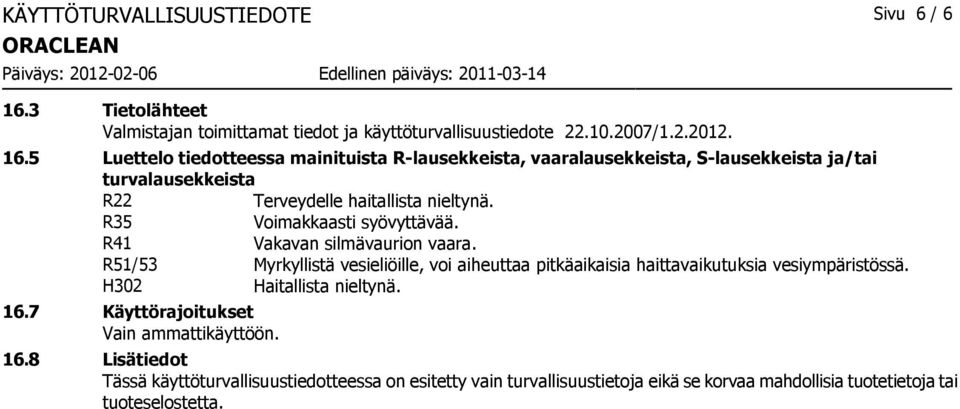 5 Luettelo tiedotteessa mainituista R-lausekkeista, vaaralausekkeista, S-lausekkeista ja/tai turvalausekkeista R22 Terveydelle haitallista nieltynä.