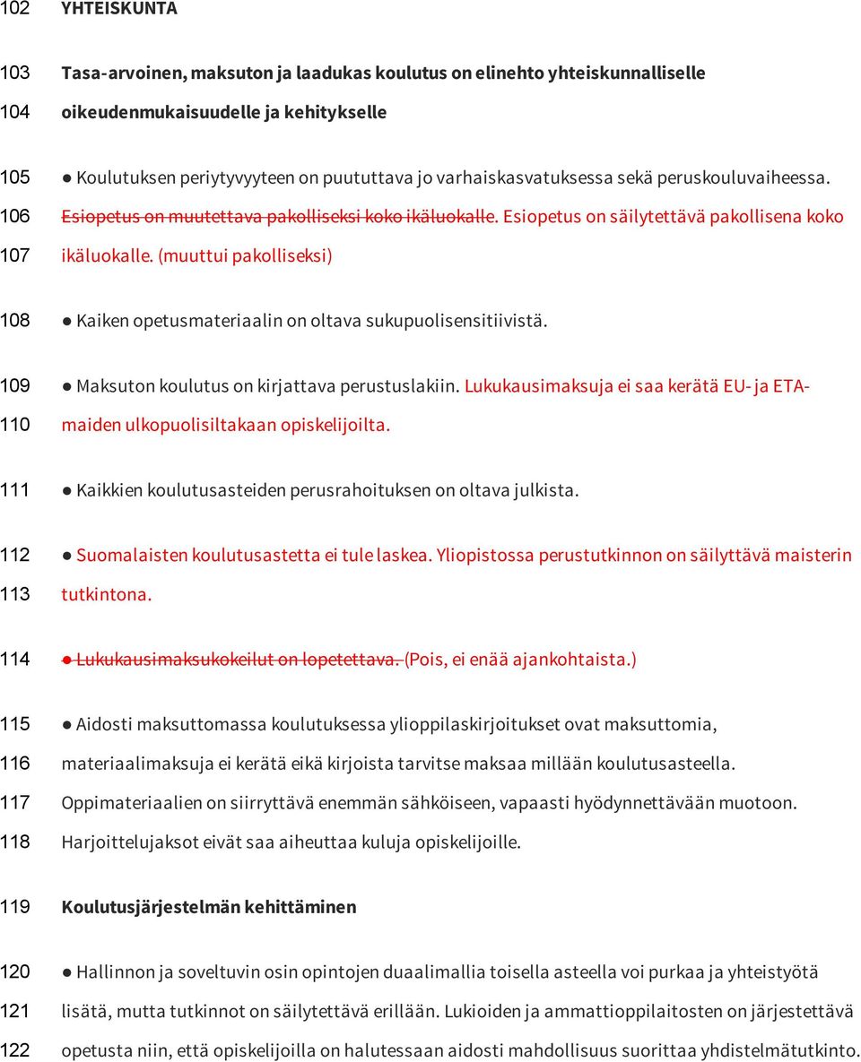 (muuttui pakolliseksi) 108 Kaiken opetusmateriaalin on oltava sukupuolisensitiivistä. 109 110 Maksuton koulutus on kirjattava perustuslakiin.