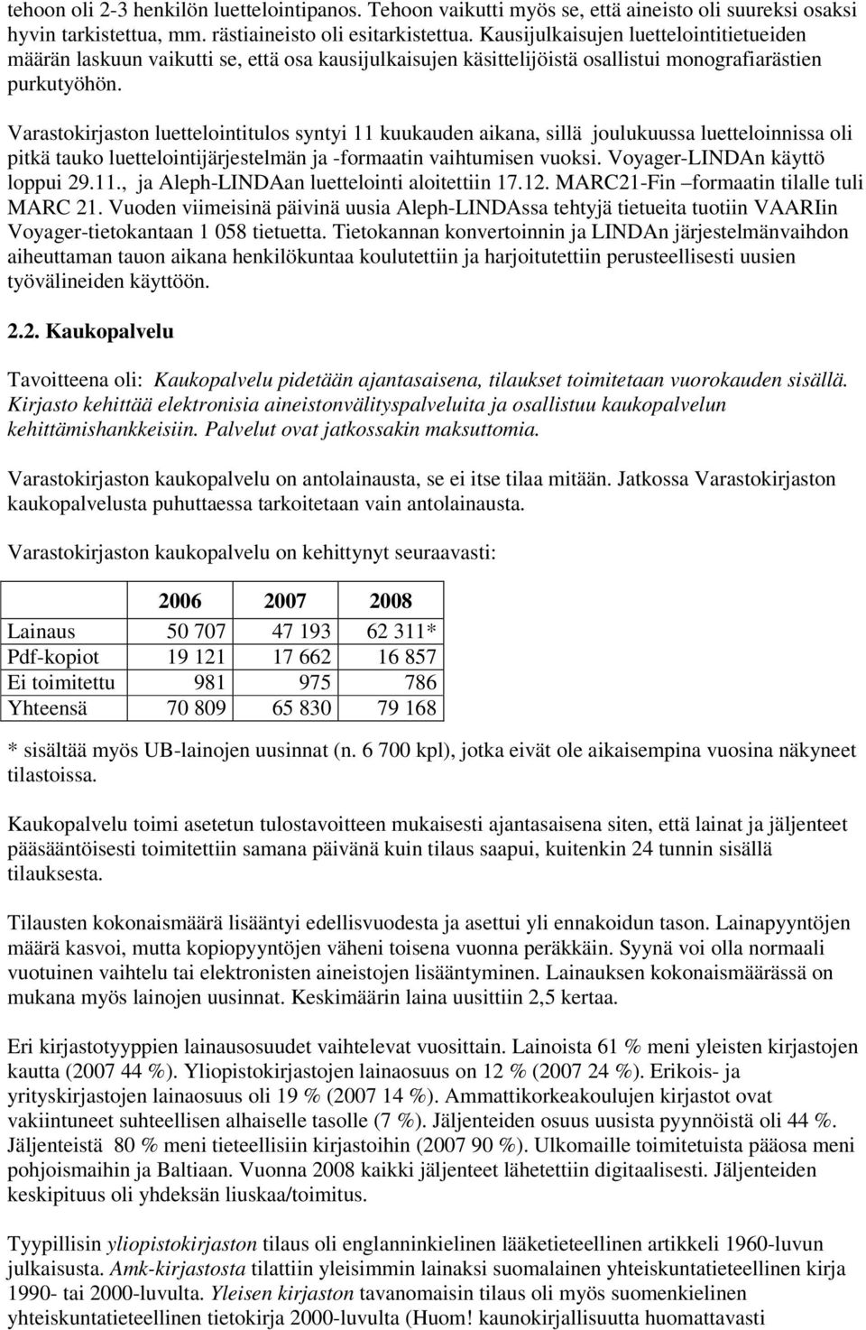 Varastokirjaston luettelointitulos syntyi 11 kuukauden aikana, sillä joulukuussa luetteloinnissa oli pitkä tauko luettelointijärjestelmän ja -formaatin vaihtumisen vuoksi.