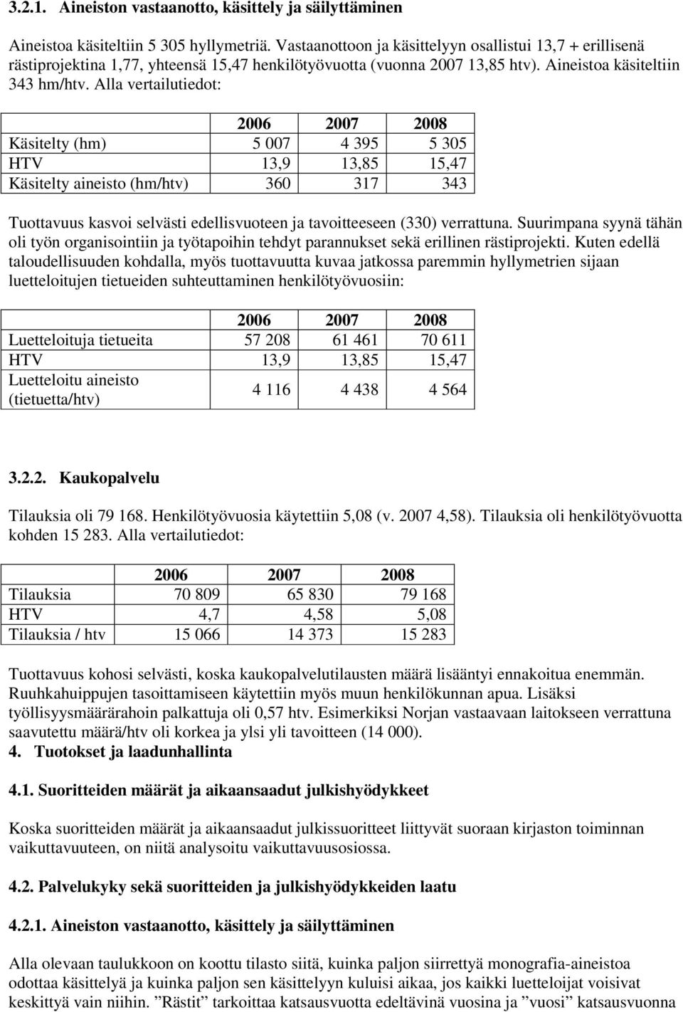 Alla vertailutiedot: 2006 2007 2008 Käsitelty (hm) 5 007 4 395 5 305 HTV 13,9 13,85 15,47 Käsitelty aineisto (hm/htv) 360 317 343 Tuottavuus kasvoi selvästi edellisvuoteen ja tavoitteeseen (330)