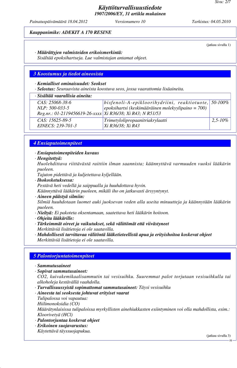 Sisältää vaarallisia aineita: CAS: 25068-38-6 NLP: 500-033-5 Reg.nr.