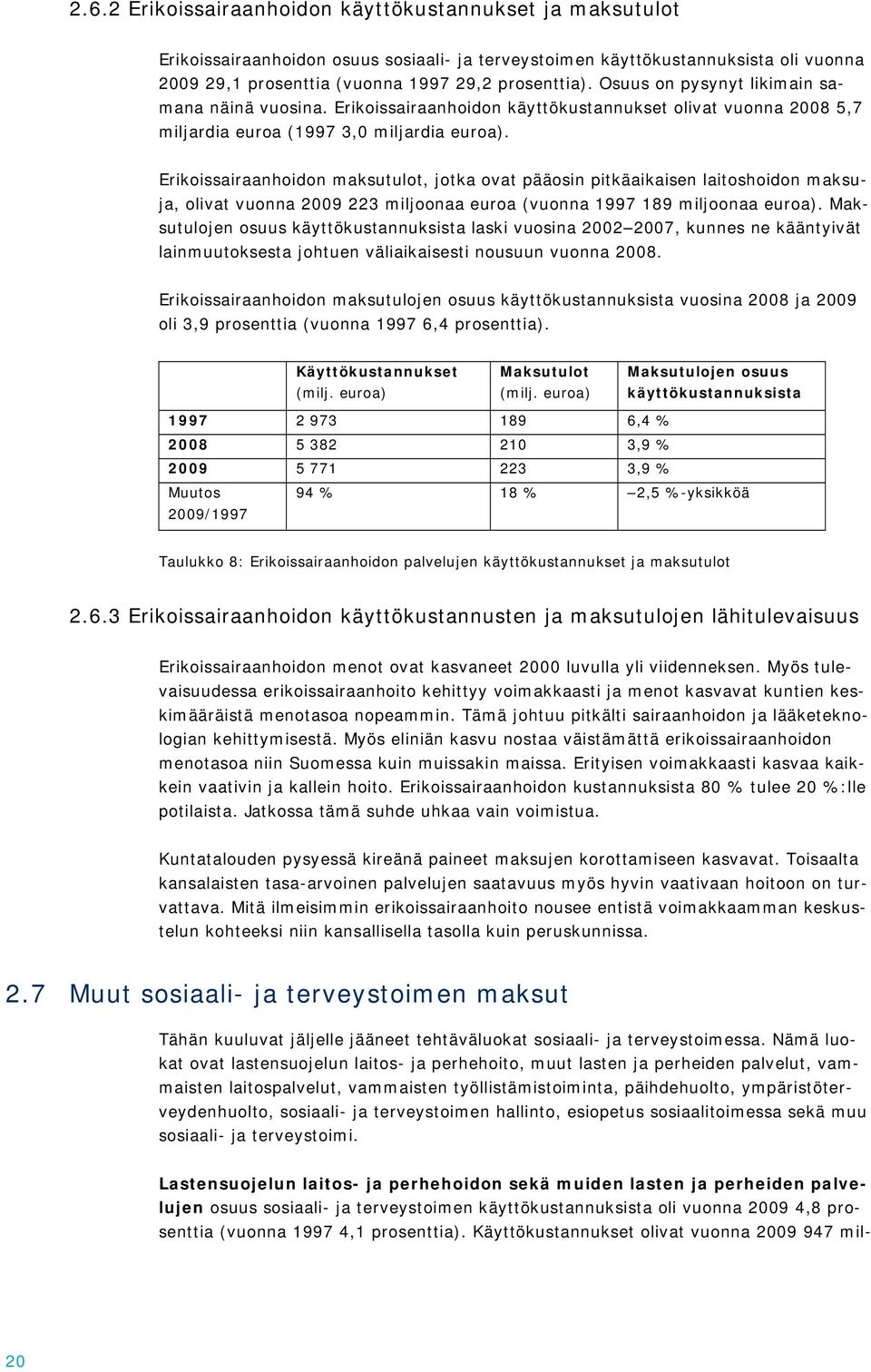 Erikoissairaanhoidon maksutulot, jotka ovat pääosin pitkäaikaisen laitoshoidon maksuja, olivat vuonna 2009 223 miljoonaa euroa (vuonna 1997 189 miljoonaa euroa).