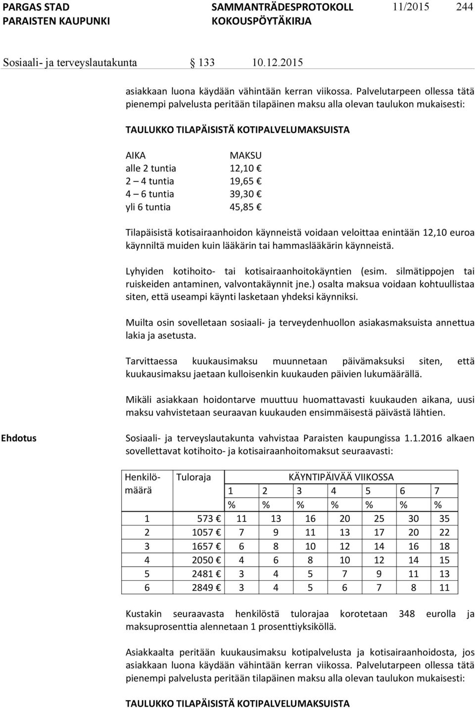 6 tuntia 39,30 yli 6 tuntia 45,85 Tilapäisistä kotisairaanhoidon käynneistä voidaan veloittaa enintään 12,10 euroa käynniltä muiden kuin lääkärin tai hammaslääkärin käynneistä.