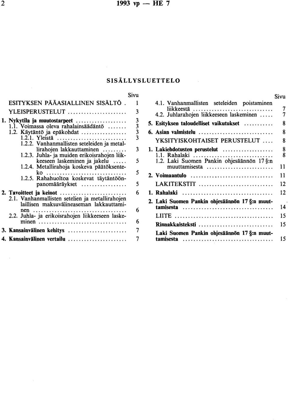 Rahahuoltoa koskevat täytäntöönpanomääräykset.... 2. Tavoitteet ja keinot.... 2.1. Vanhanmallisten setelien ja metallirahojen laillisen maksuvälineaseman lakkauttaminen...... 2.2. Juhla- ja erikoisrahojen liikkeeseen laskeminen.