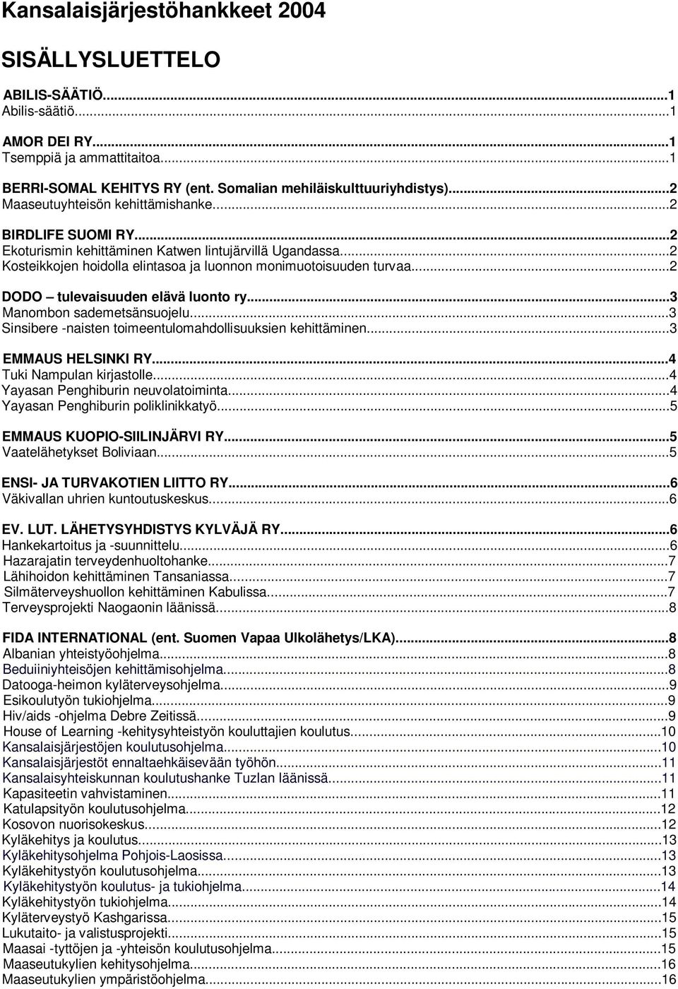 ..2 DODO tulevaisuuden elävä luonto ry...3 Manombon sademetsänsuojelu...3 Sinsibere -naisten toimeentulomahdollisuuksien kehittäminen...3 EMMAUS HELSINKI RY...4 Tuki Nampulan kirjastolle.