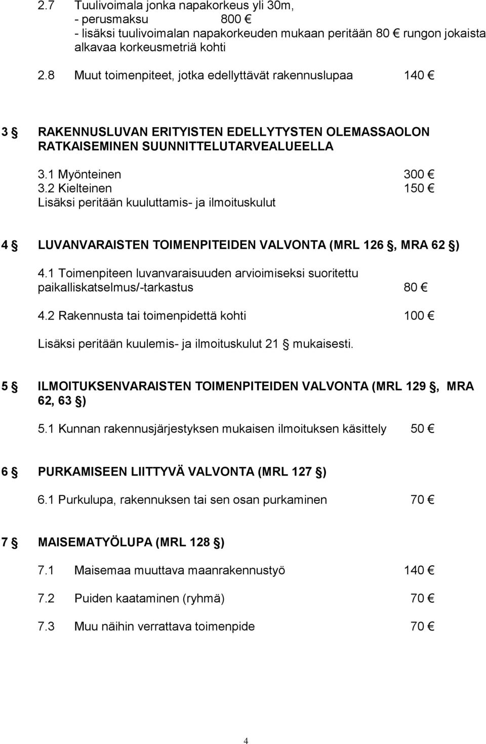 2 Kielteinen 150 Lisäksi peritään kuuluttamis- ja ilmoituskulut 4 LUVANVARAISTEN TOIMENPITEIDEN VALVONTA (MRL 126, MRA 62 ) 4.