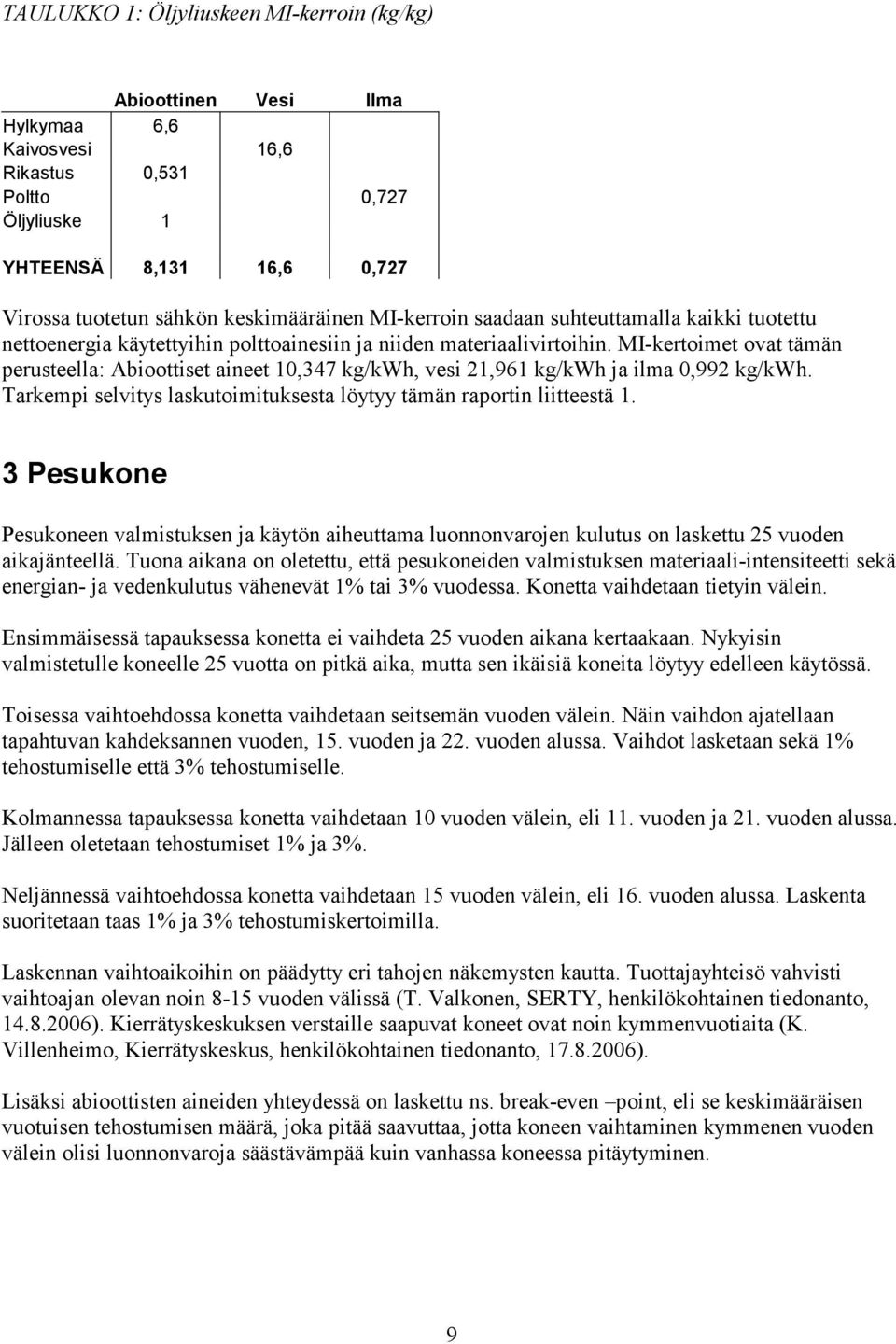 MI-kertoimet ovat tämän perusteella: Abioottiset aineet 1,347 kg/kwh, vesi 21,961 kg/kwh ja ilma,992 kg/kwh. Tarkempi selvitys laskutoimituksesta löytyy tämän raportin liitteestä 1.