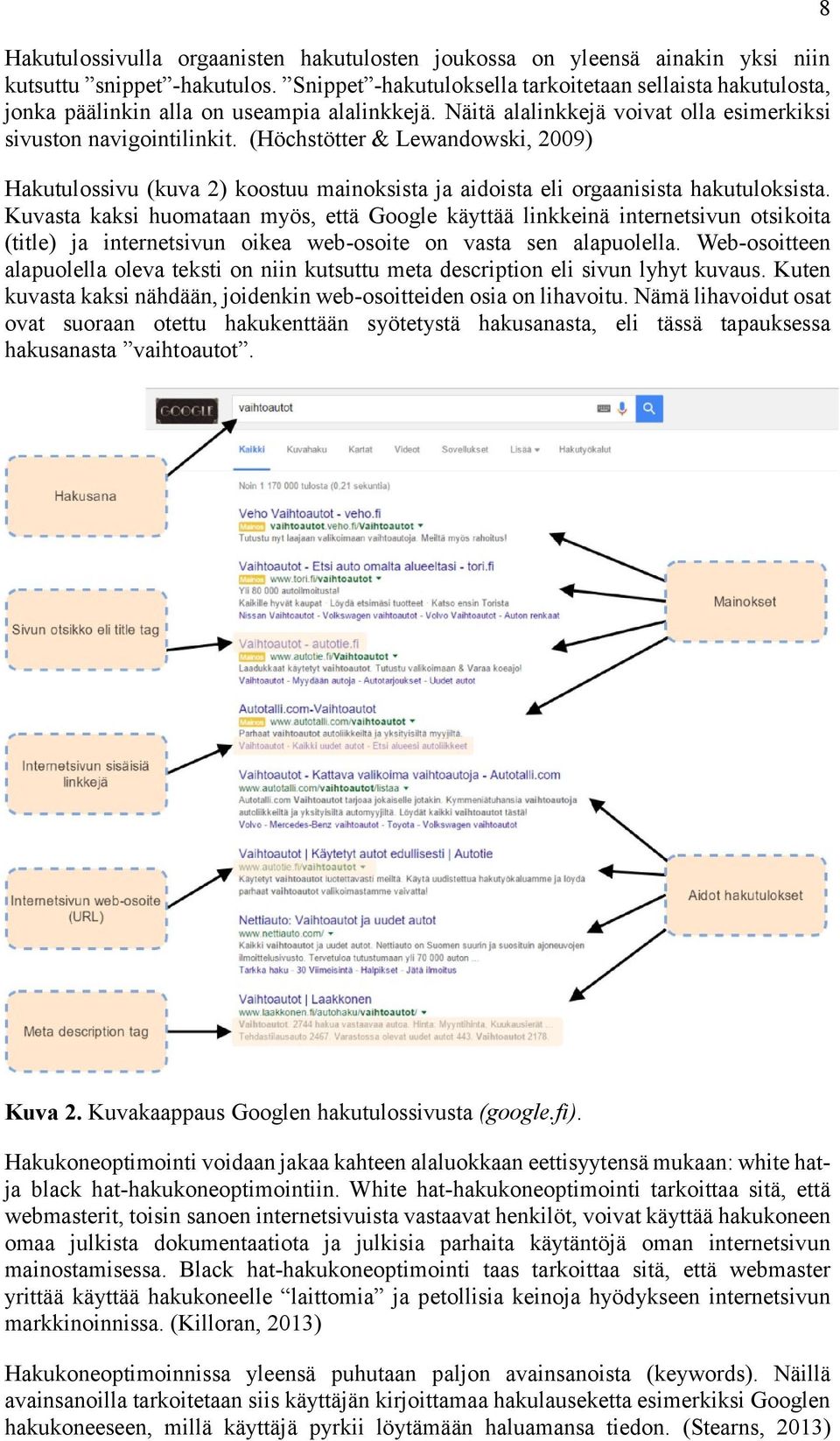 (Höchstötter & Lewandowski, 2009) Hakutulossivu (kuva 2) koostuu mainoksista ja aidoista eli orgaanisista hakutuloksista.