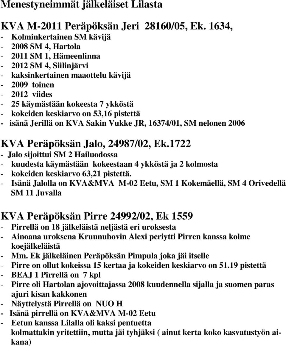 keskiarvo on 53,16 pistettä isänä Jerillä on KVA Sakin Vukke JR, 16374/01, SM nelonen 2006 KVA Peräpöksän Jalo, 24987/02, Ek.