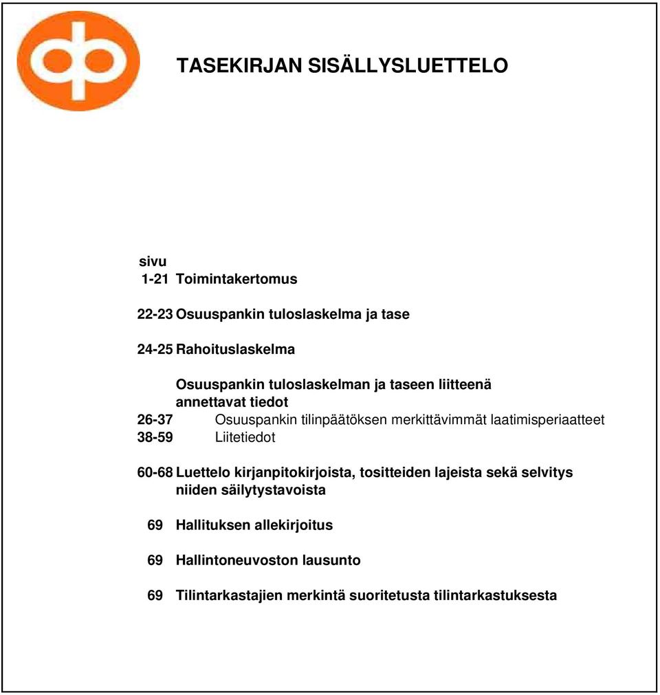 laatimisperiaatteet 38-59 Liitetiedot 60-68 Luettelo kirjanpitokirjoista, tositteiden lajeista sekä selvitys niiden