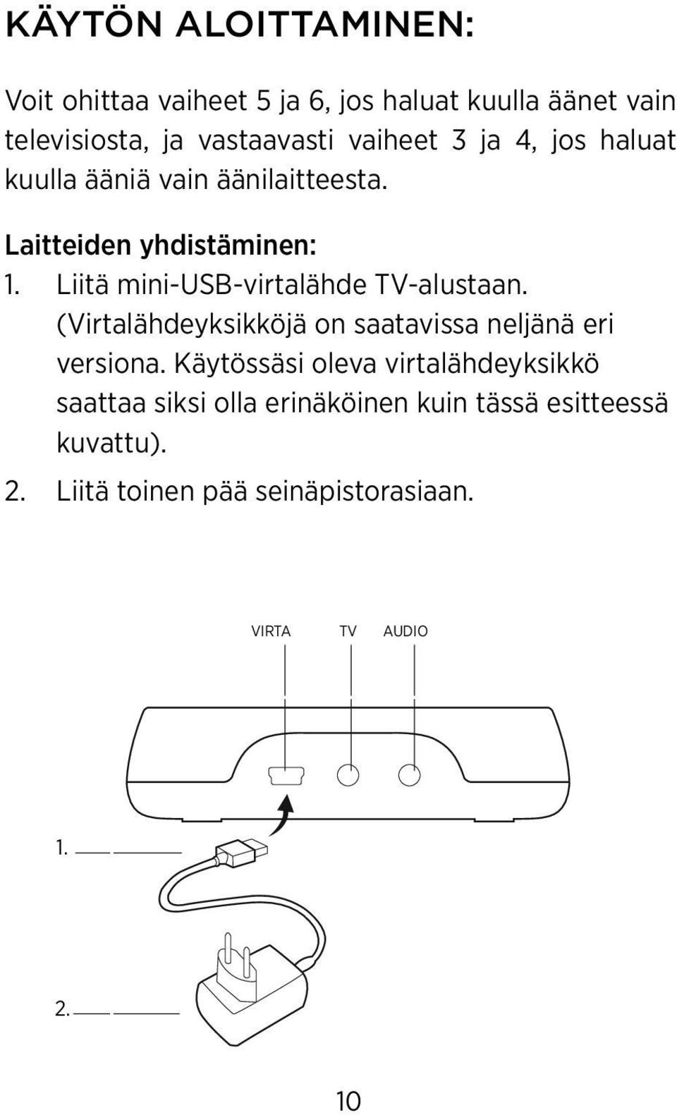 Liitä mini-usb-virtalähde TV-alustaan. (Virtalähdeyksikköjä on saatavissa neljänä eri versiona.