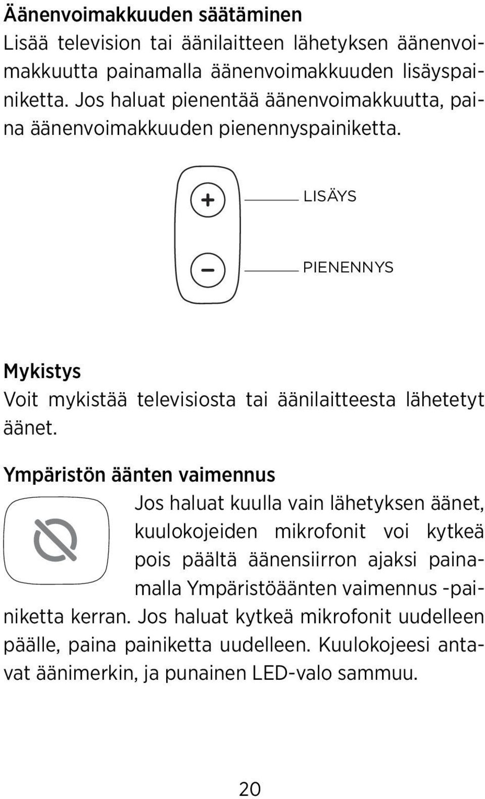 LISÄYS PIENENNYS Mykistys Voit mykistää televisiosta tai äänilaitteesta lähetetyt äänet.