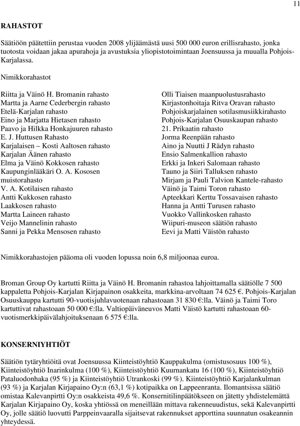 Bromanin rahasto Martta ja Aarne Cederbergin rahasto Etelä-Karjalan rahasto Eino ja Marjatta Hietasen rahasto Paavo ja Hilkka Honkajuuren rahasto E. J.