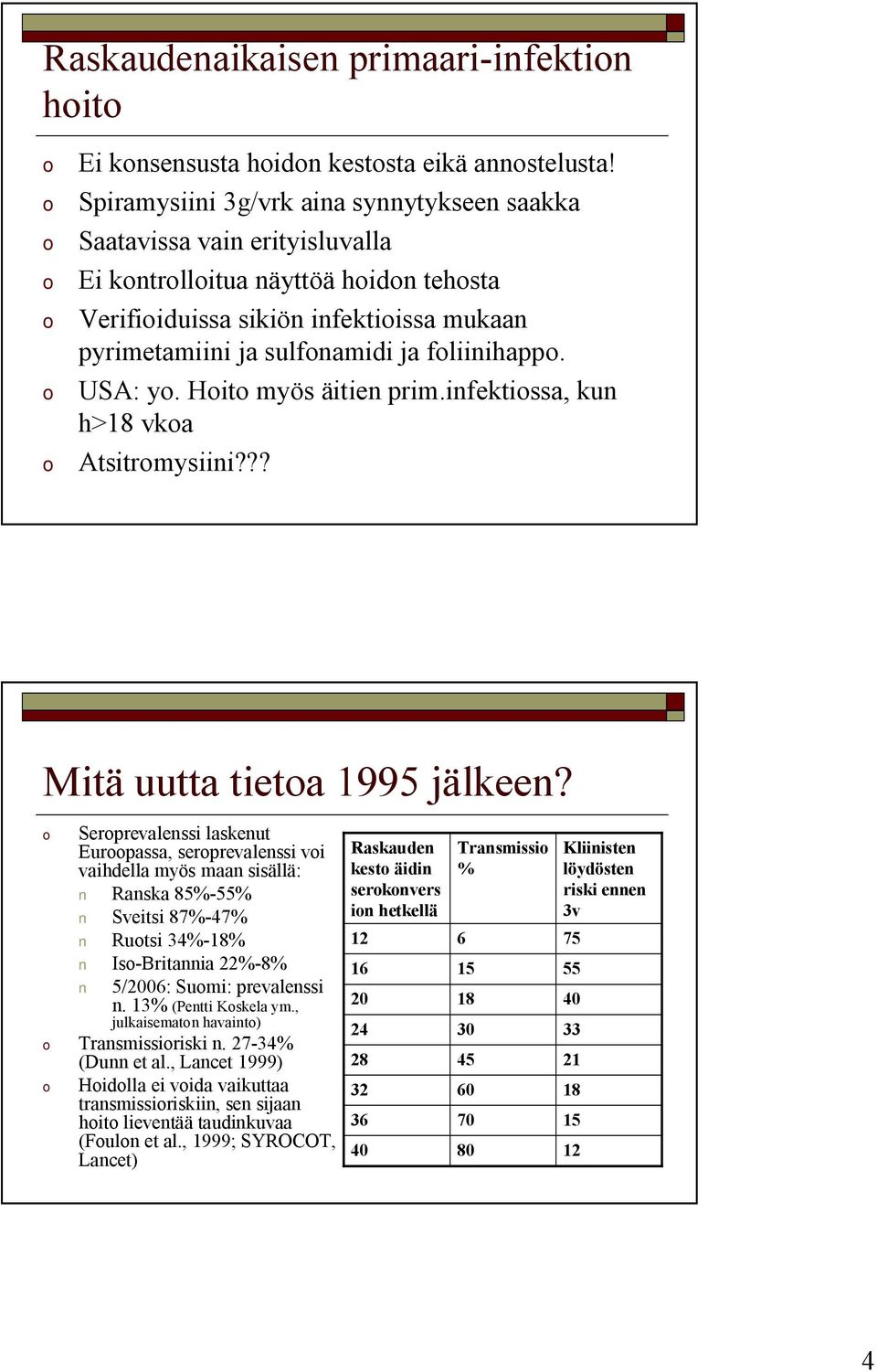 foliinihappo. o USA: yo. Hoito myös äitien prim.infektiossa, kun h>18 vkoa o Atsitromysiini??? Mitä uutta tietoa 1995 jälkeen?