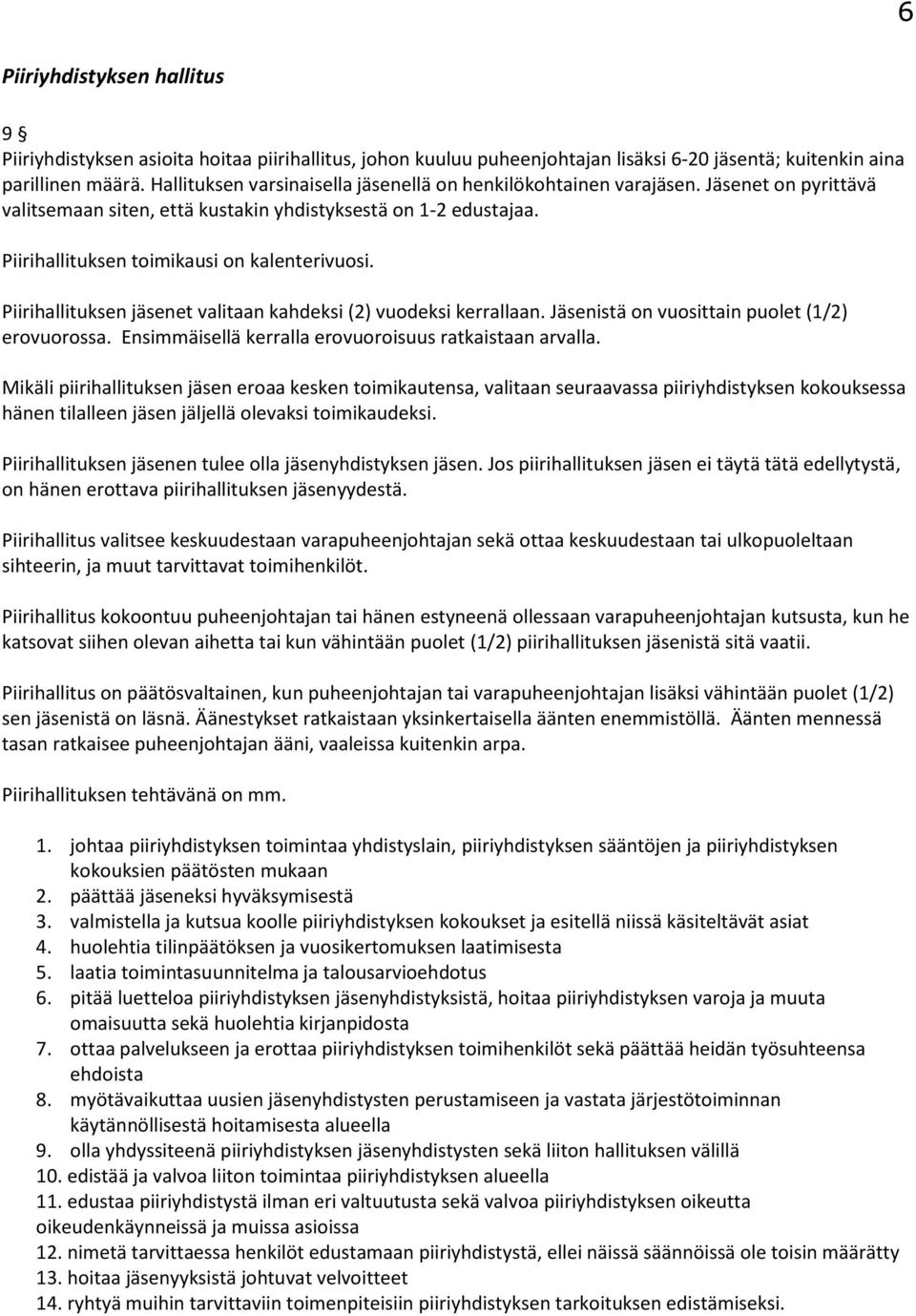 Piirihallituksen jäsenet valitaan kahdeksi (2) vuodeksi kerrallaan. Jäsenistä on vuosittain puolet (1/2) erovuorossa. Ensimmäisellä kerralla erovuoroisuus ratkaistaan arvalla.