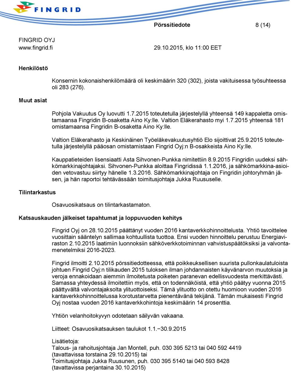 Valtion Eläkerahasto ja Keskinäinen Työeläkevakuutusyhtiö Elo sijoittivat 25.9.2015 toteutetulla järjestelyllä pääosan omistamistaan Fingrid Oyj:n B-osakkeista Aino Ky:lle.