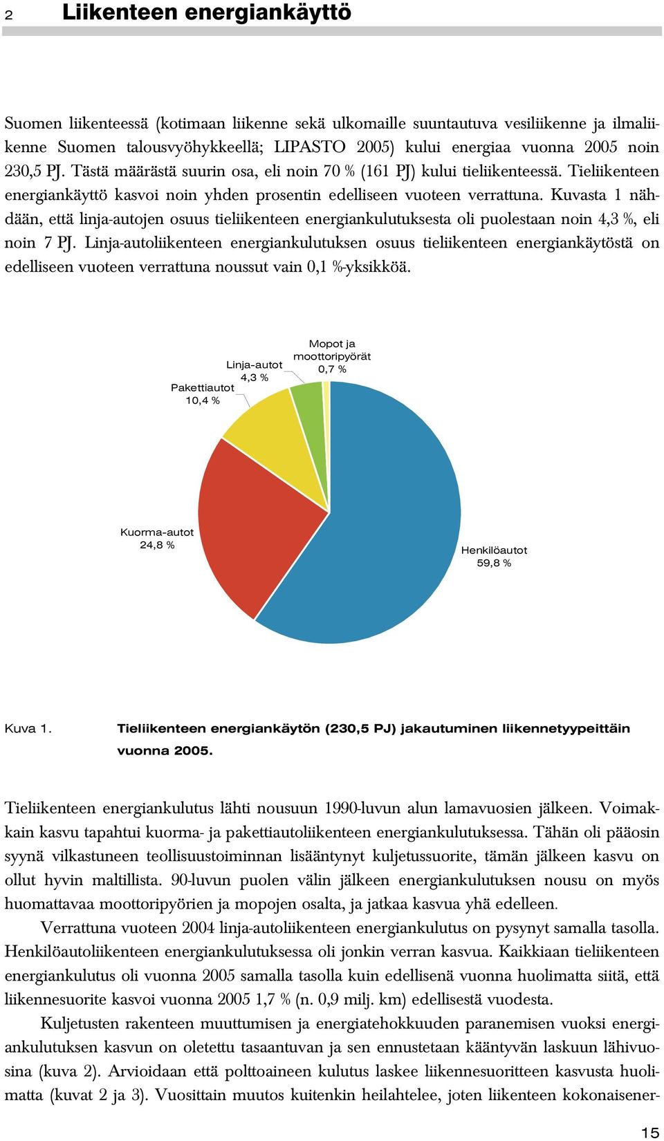 Kuvasta 1 nähdään, että linja-autojen osuus tieliikenteen energiankulutuksesta oli puolestaan noin 4,3 %, eli noin 7 PJ.