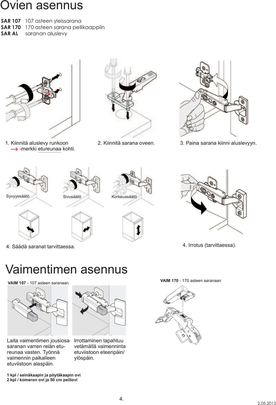 Vaimentimen asennus VAIM 107-107 asteen saranaan VAIM 170-170 asteen saranaan Laita vaimentimen jousiosa saranan varren reiän etureunaa vasten.
