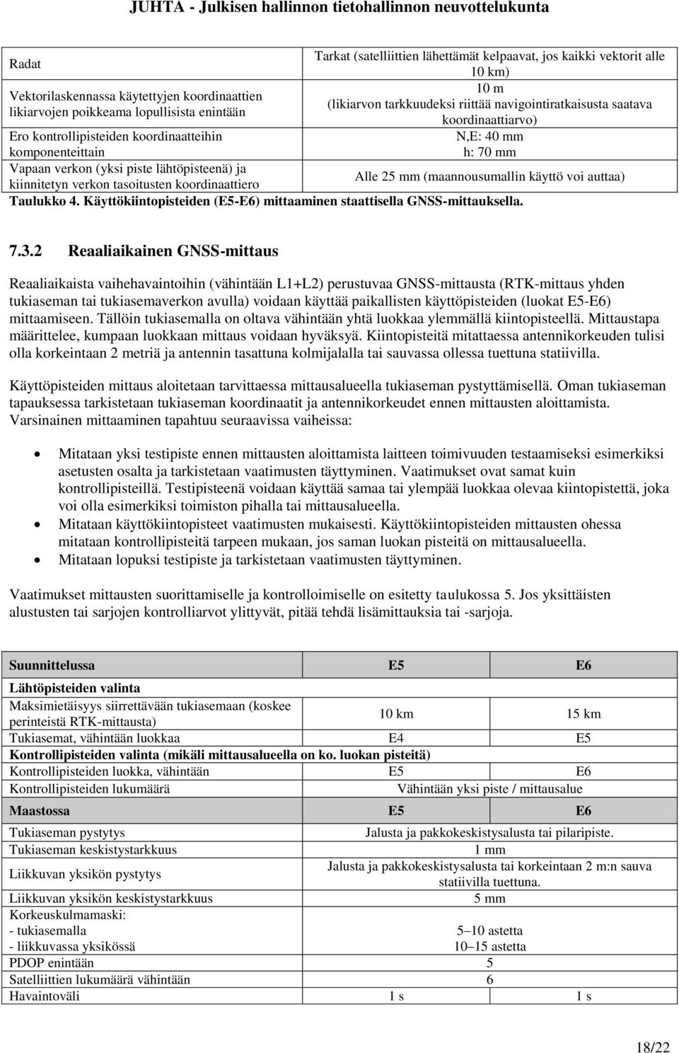 (maannousumallin käyttö voi auttaa) kiinnitetyn verkon tasoitusten koordinaattiero Taulukko 4. Käyttökiintopisteiden (E5-E6) mittaaminen staattisella GNSS-mittauksella. 7.3.