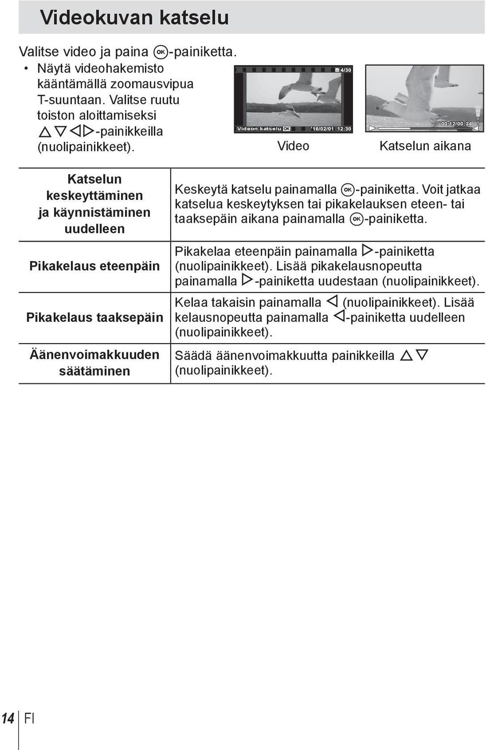 painamalla A-painiketta. Voit jatkaa katselua keskeytyksen tai pikakelauksen eteen- tai taaksepäin aikana painamalla A-painiketta. Pikakelaa eteenpäin painamalla I-painiketta (nuolipainikkeet).