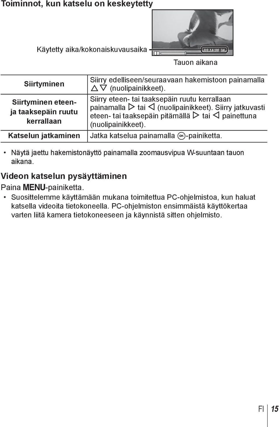 Siirry jatkuvasti eteen- tai taaksepäin pitämällä I tai H painettuna (nuolipainikkeet). Jatka katselua painamalla A-painiketta.