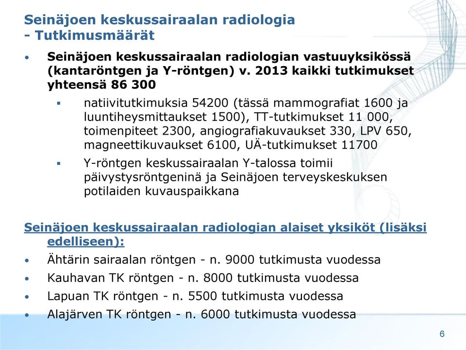 650, magneettikuvaukset 6100, UÄ-tutkimukset 11700 Y-röntgen keskussairaalan Y-talossa toimii päivystysröntgeninä ja Seinäjoen terveyskeskuksen potilaiden kuvauspaikkana Seinäjoen keskussairaalan