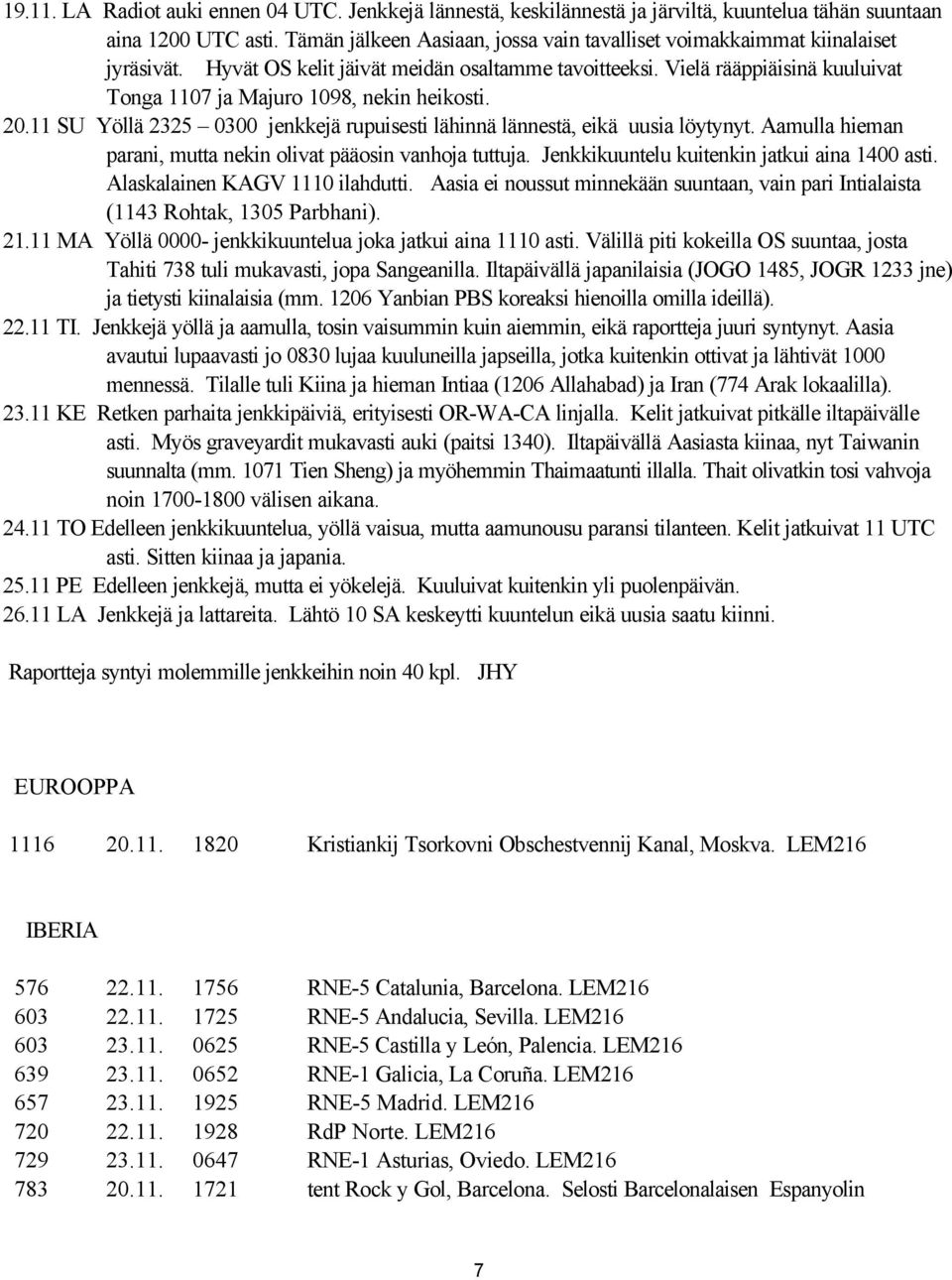 Vielä rääppiäisinä kuuluivat Tonga 1107 ja Majuro 1098, nekin heikosti. 20.11 SU Yöllä 2325 0300 jenkkejä rupuisesti lähinnä lännestä, eikä uusia löytynyt.