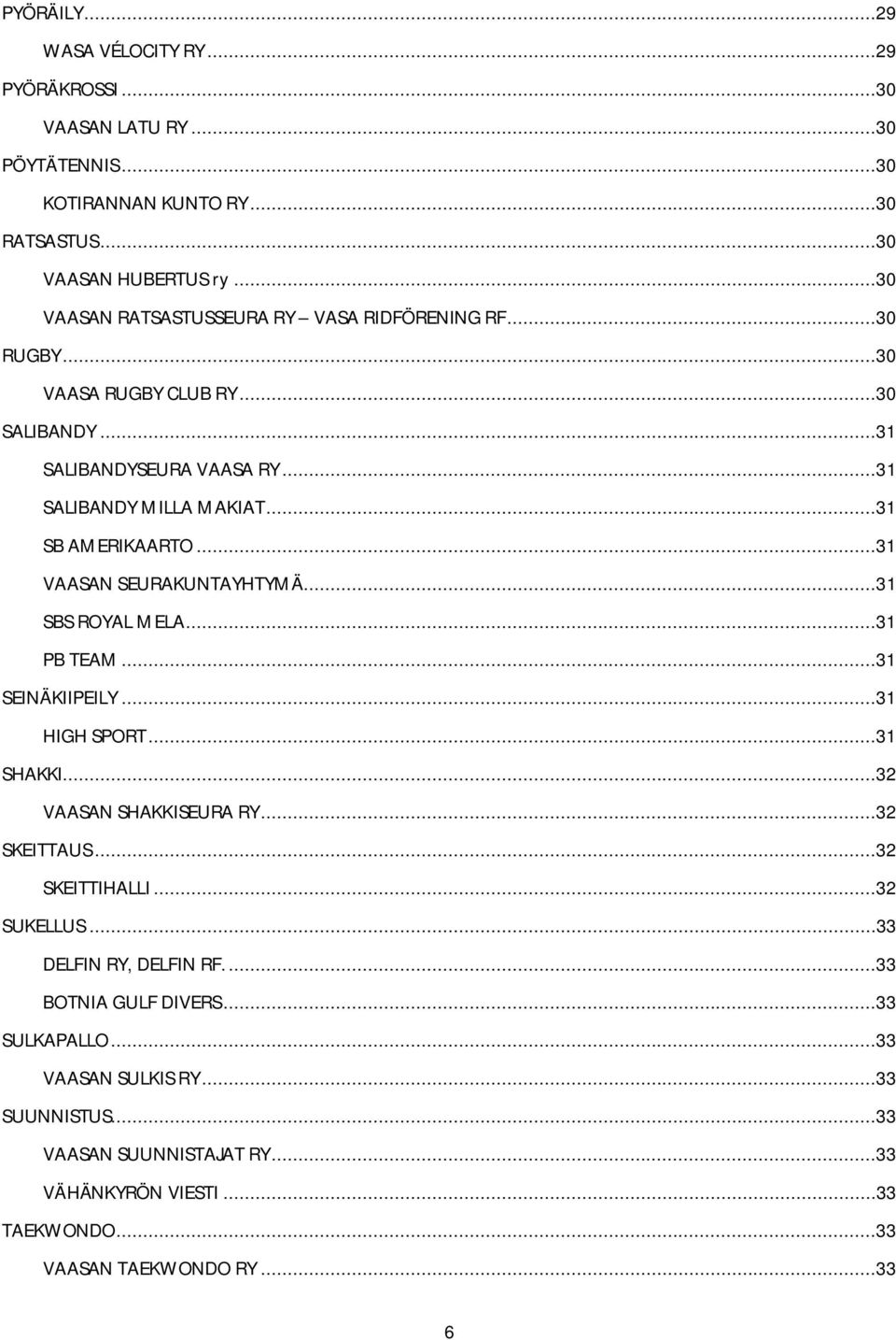 ..31 VAASAN SEURAKUNTAYHTYMÄ...31 SBS ROYAL MELA...31 PB TEAM...31 SEINÄKIIPEILY...31 HIGH SPORT...31 SHAKKI...32 VAASAN SHAKKISEURA RY...32 SKEITTAUS...32 SKEITTIHALLI.