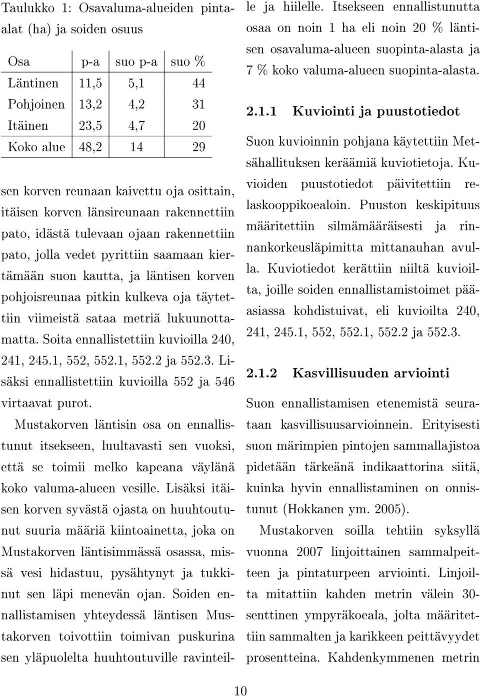 kulkeva oja täytettiin viimeistä sataa metriä lukuunottamatta. Soita ennallistettiin kuvioilla 240, 241, 245.1, 552, 552.1, 552.2 ja 552.3.